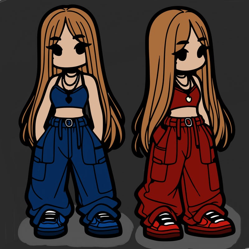 girl in baggy pants crop top and long hair