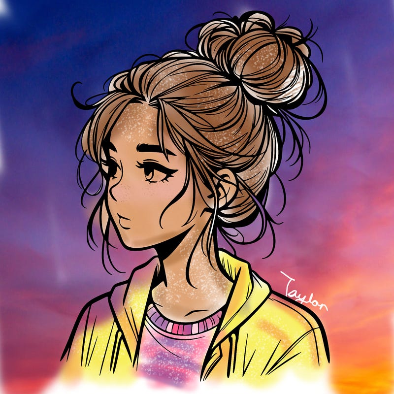 realistic teenage girl with a messy bun