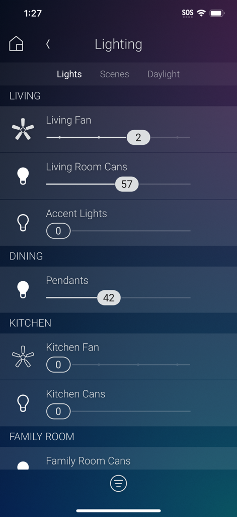 Control4 - The lighting control screen of the Control4 app featuring dimmers and fan controls for living, dining, and kitchen areas.