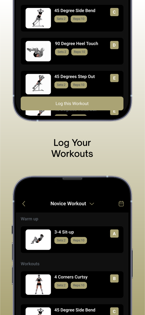 1O1 - Mobile screen showing the 1O1 app workout logging interface with a list of exercises including sit-ups and side bends for a novice workout.