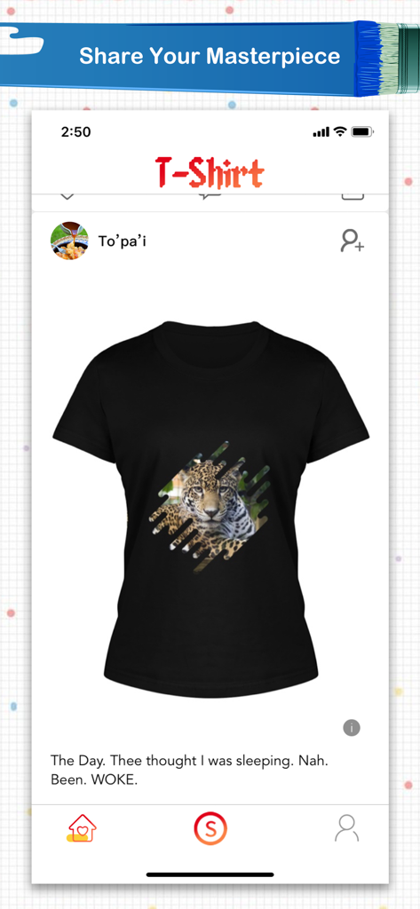 Una maglietta nera personalizzata con una grafica leopardata visualizzata in un feed in stile social media all'interno dell'app.