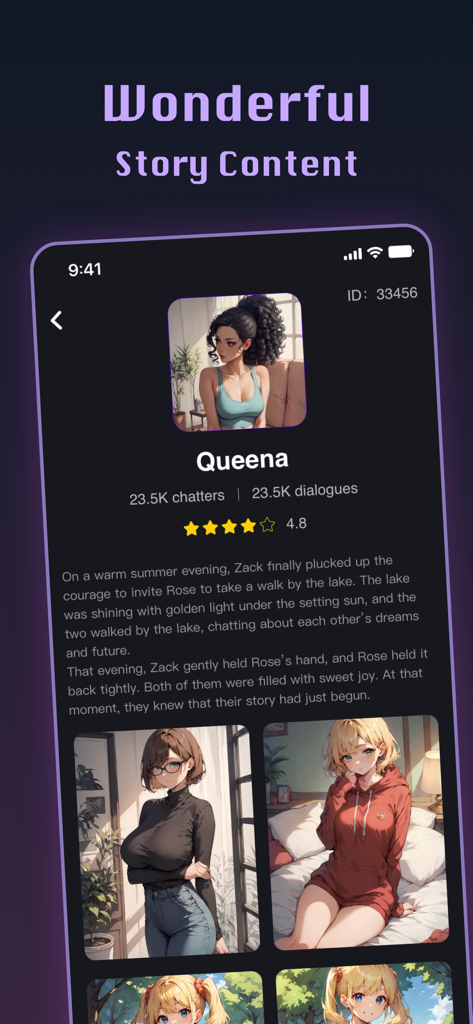 Waifuu: Anime AI Dating Sim - Uma captura de tela móvel do aplicativo Waifuu mostrando um perfil de personagem de anime chamado Queena com conteúdo narrativo de história e uma galeria de garotas de anime.