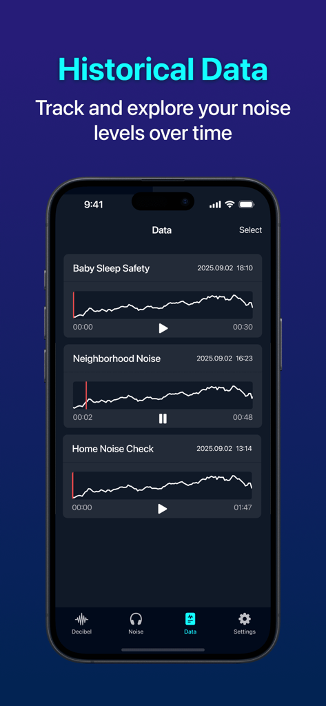 A smartphone screen displaying historical noise data and sound level recordings in the Decibel app