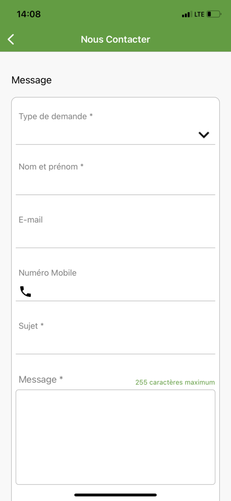 BAMIS DIGITAL - Contact us screen in the BAMIS DIGITAL app with fields for name email and message