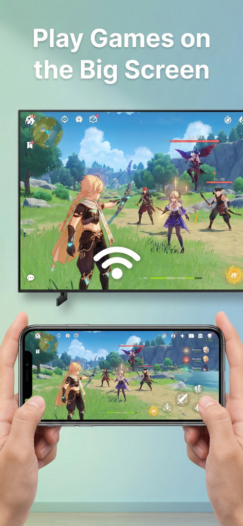 A mobile game being mirrored from an iPhone to a large television screen