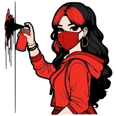 realistic girl with mask spray painting a wall