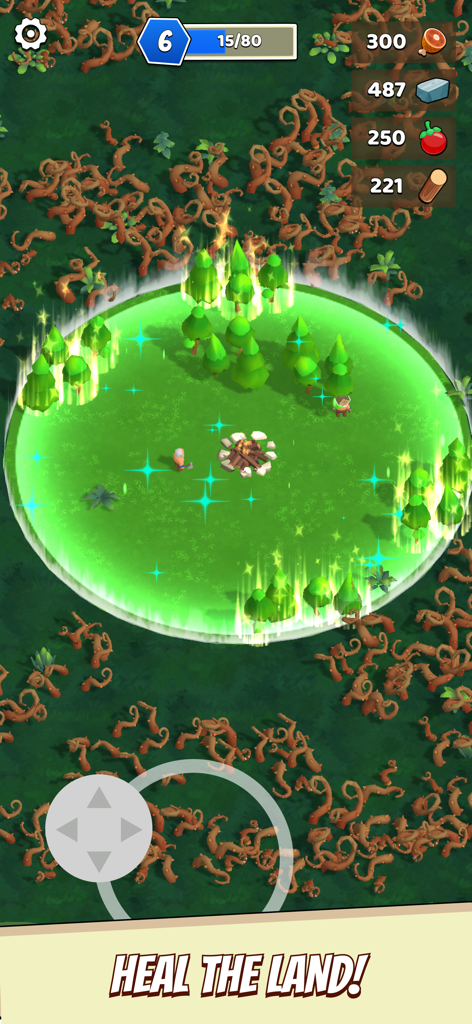 Dino King - Jurassic Hunt - Top down view of Dino King gameplay showing a green glowing area healing a vine-covered prehistoric landscape