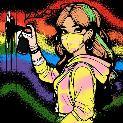 realistic girl with mask spray painting a wall