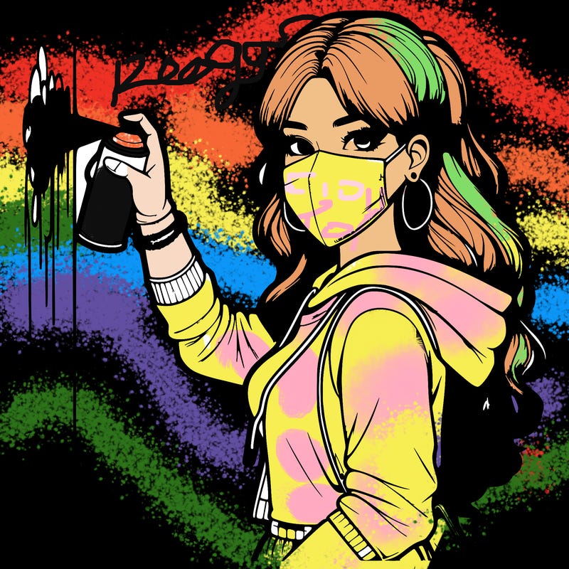 realistic girl with mask spray painting a wall