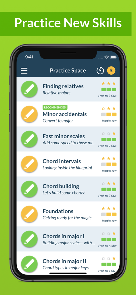 Waay: Learn music theory - Screenshot of the Practice Space in the Waay app listing music theory exercises like chord building and minor scales.