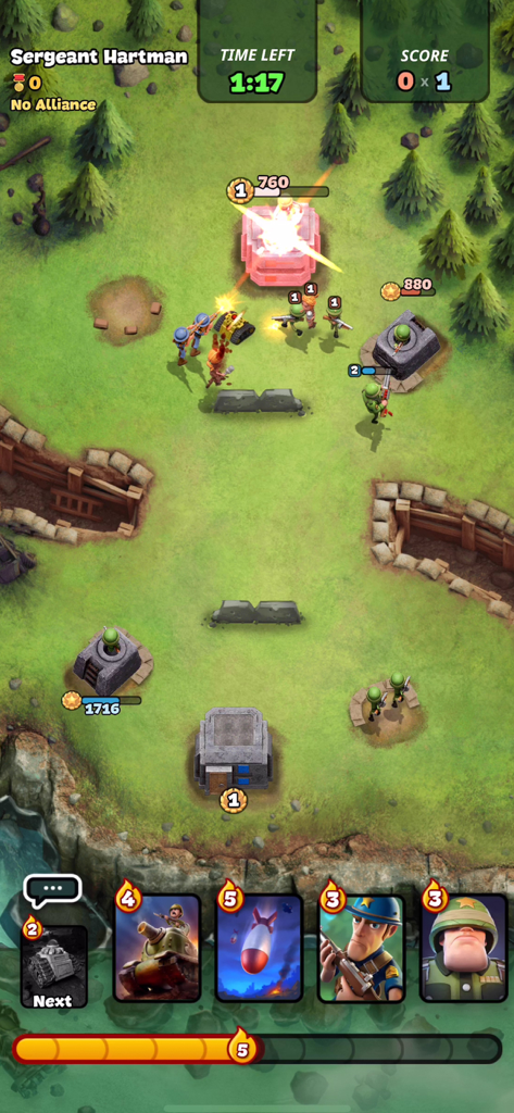 Real-time military strategy gameplay in War Heroes featuring tanks and soldiers attacking an enemy base.