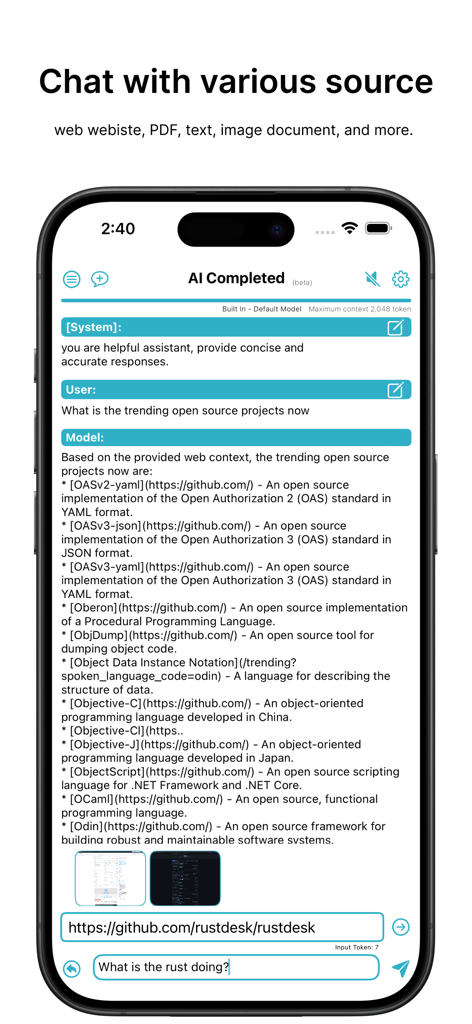 On-Device AI: TTS, STT & Chat - KI-Chat-Oberfläche, die Webinhalte und Dokumente auf einem iPhone-Bildschirm analysiert.