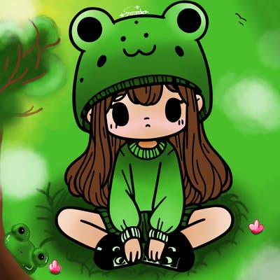 a girl wearing a frog hat and some frog socks
