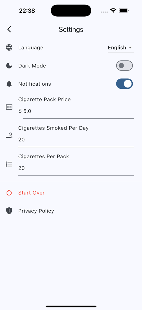 Settings screen of the Quit Smoking Counter app showing configuration for cigarette pack price and daily smoking habits.