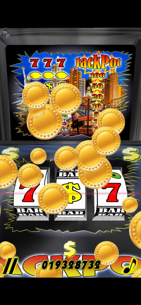 Dream JackPot - A classic slot machine interface with golden coins flying on the screen