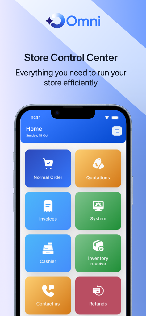 Omni POS app home screen showing store management features including orders invoices and inventory control