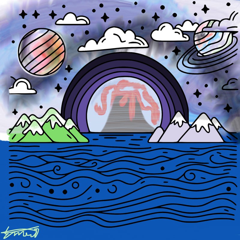 space on the ocean and the mountains on the sky