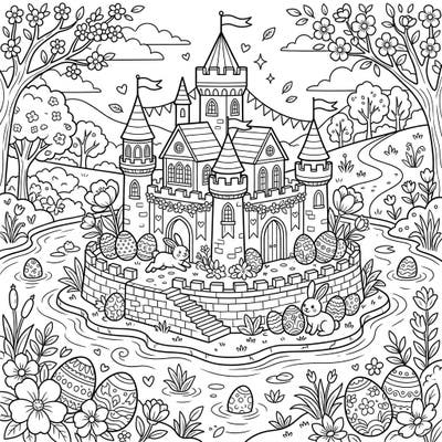 Celebrate Easter with this delightful coloring page featuring a grand water castle beautifully decorated for the spring season. Adorable bunnies, festive eggs, and blooming flowers create a magical scene waiting for your artistic touch.