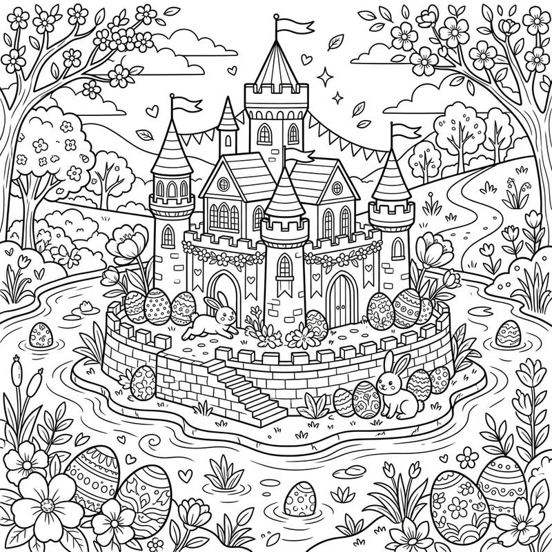 Celebrate Easter with this delightful coloring page featuring a grand water castle beautifully decorated for the spring season. Adorable bunnies, festive eggs, and blooming flowers create a magical scene waiting for your artistic touch.