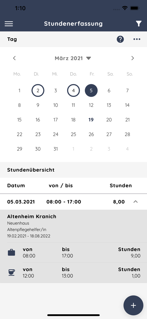 zvoove Work - zvoove Work App-Oberfläche mit einem Zeiterfassungskalender und detaillierten Schichtstunden