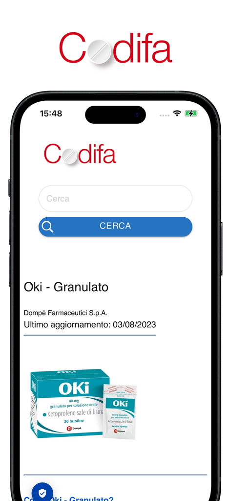 Codifa Farmadati - Codifa Farmadati app interface showing search results for Oki granules medication