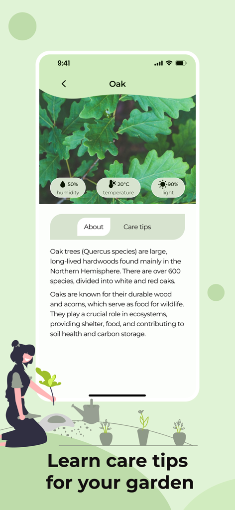 Virtual Garden: Landscaping - Screenshot der Virtual Garden App, der detaillierte Informationen und Pflegehinweise für eine Eiche zeigt