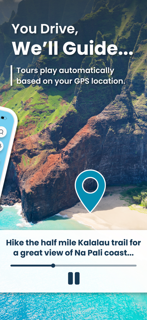 Shaka Kauai Audio Tour Guide - Shaka Guide app screenshot showcasing a GPS-triggered audio tour of the Na Pali Coast in Kauai