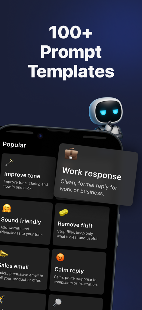 Chat AI·Question, Smart Answer - Smartphone screen displaying various AI prompt templates like work response and sales email for the Chat AI app