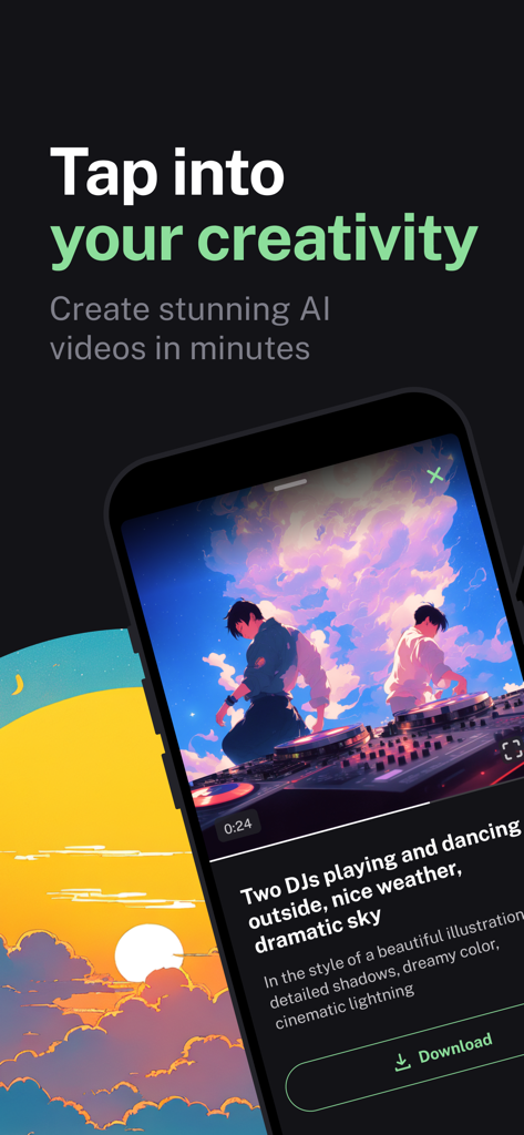 Kaiber - Interfaz de la aplicación móvil Kaiber mostrando un video estilo anime generado por IA de dos DJs actuando al aire libre.