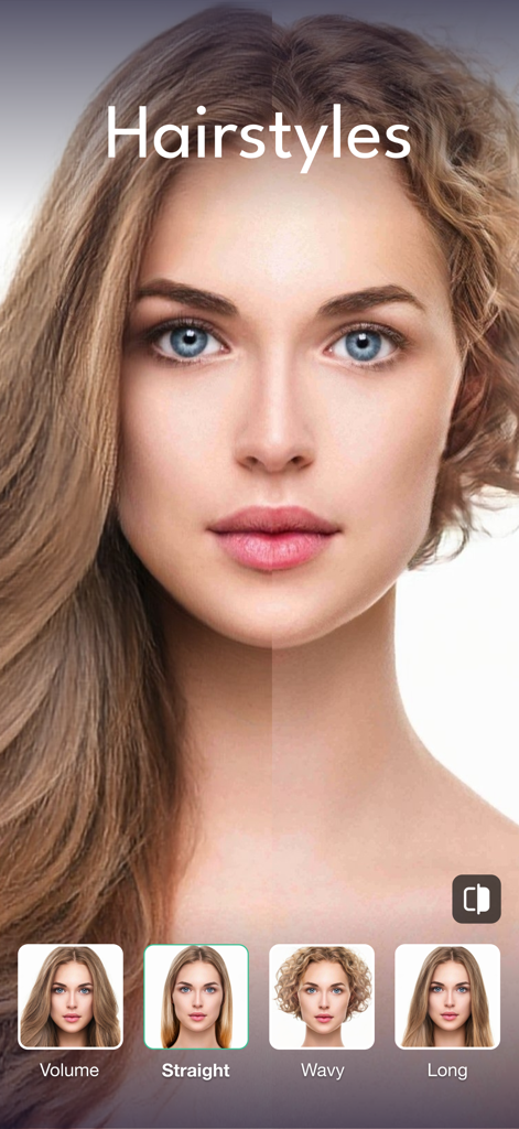 Woman using Persona AI Beauty Editor to change hairstyles with options for volume straight wavy and long