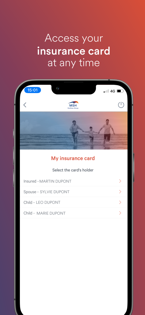 MSH International app screen for accessing digital insurance cards for family members