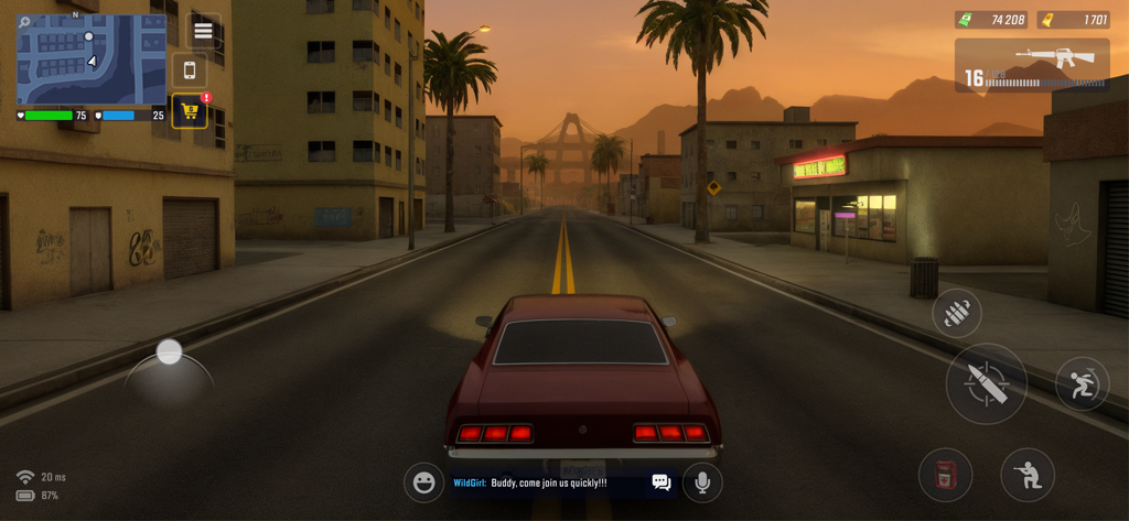 Un coche rojo conduciendo por una calle de ciudad de mundo abierto al atardecer en Grand Hustle RP.