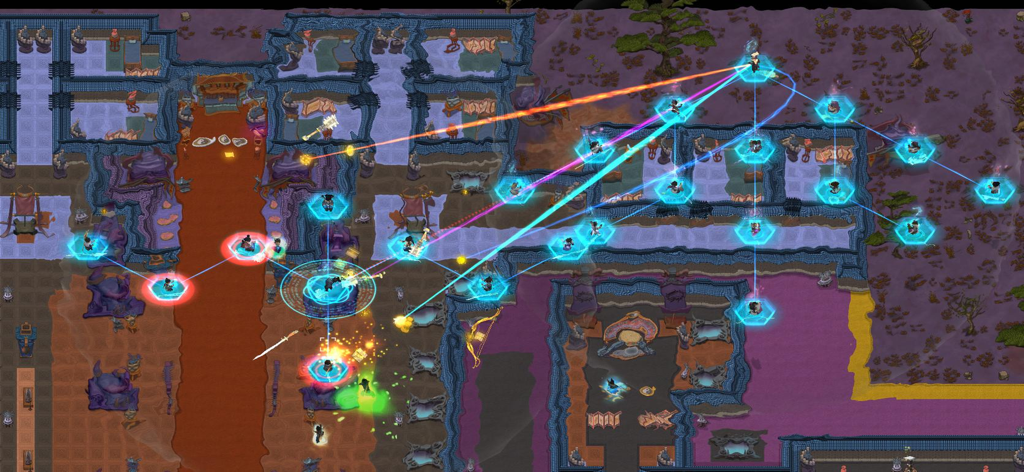 Top down view of disciples in a magical sect formation with glowing energy beams