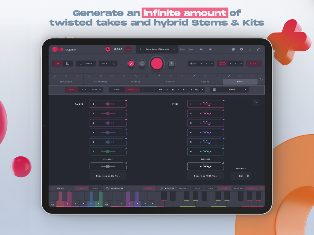 iPad上のLoopmixアプリインターフェイスで、オーディオステムとMIDIシーケンスのエクスポートオプションが表示されます