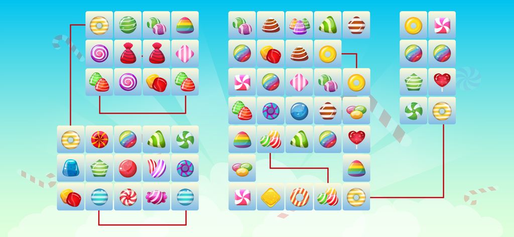 Captura de pantalla del juego Connect 2 Candy que muestra fichas de caramelos coloridos y rutas de combinación en un puzle estilo Onet.