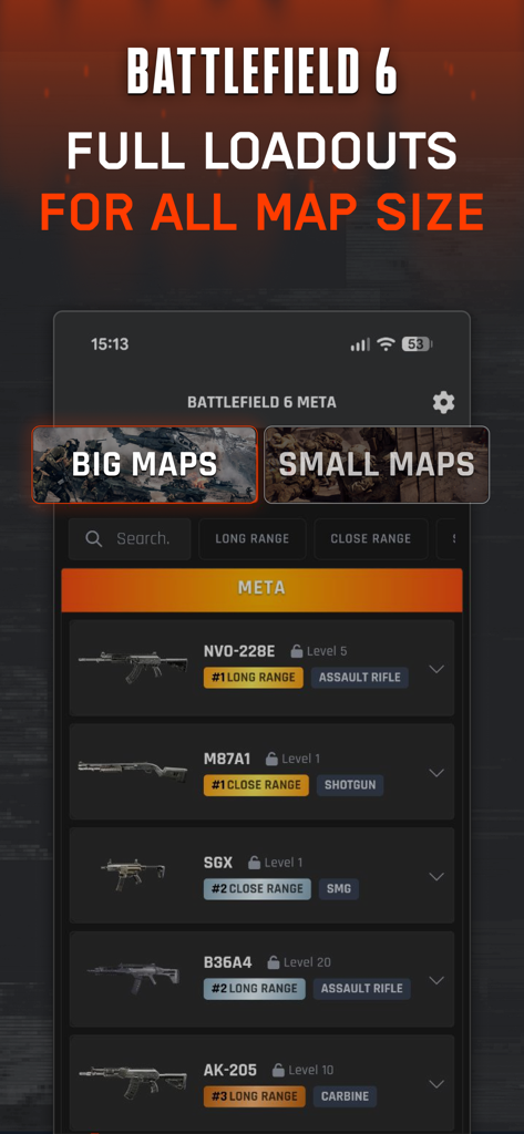 BF6  Meta - BF6 Meta App-Oberfläche zeigt Waffen-Loadout-Ranglisten für große und kleine Karten mit spezifischen Gewehrmodellen und Reichweitentypen.