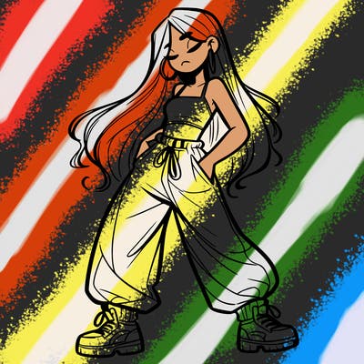 girl in baggy pants crop top and long hair