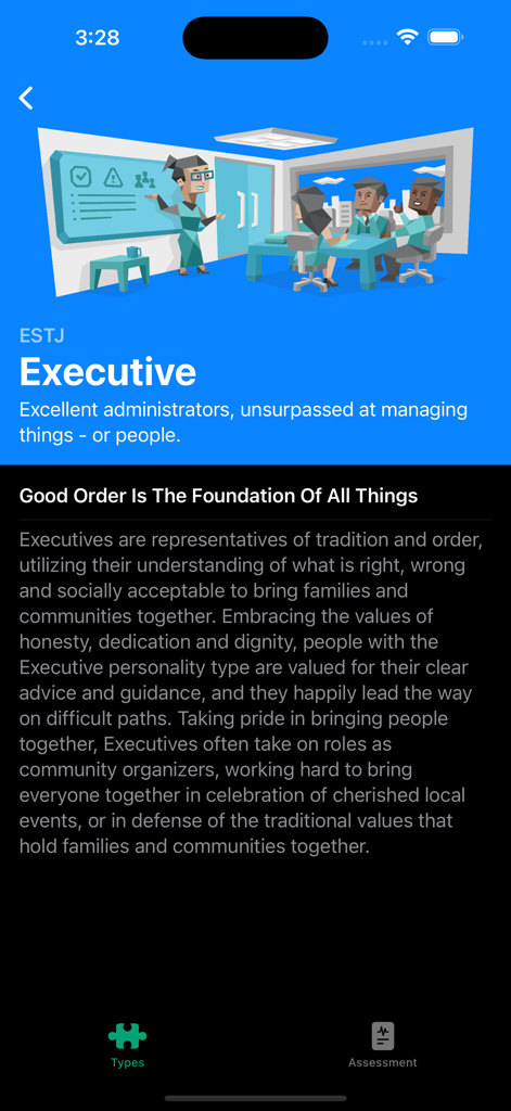 YourMyersBriggs - Detailed profile for the ESTJ Executive personality type within the YourMyersBriggs app featuring an office illustration and personality description.