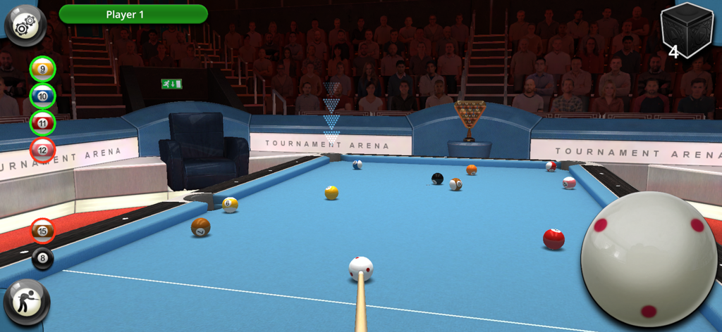 Captura de pantalla del juego 3D de Torneo de Billar mostrando un palo de billar apuntando a un tiro en una mesa azul en una arena de torneo.