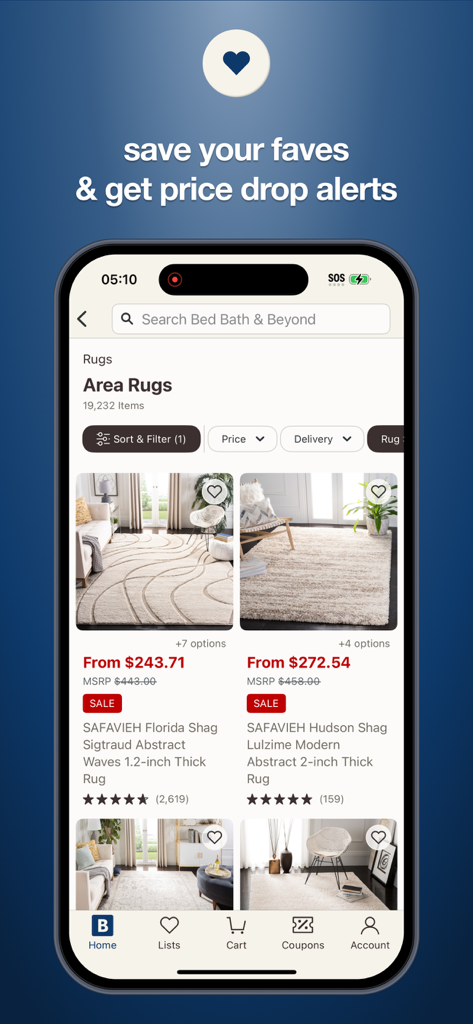 Bed Bath and Beyond mobile app screen showing a collection of area rugs with price drop alerts and wishlist heart icons.