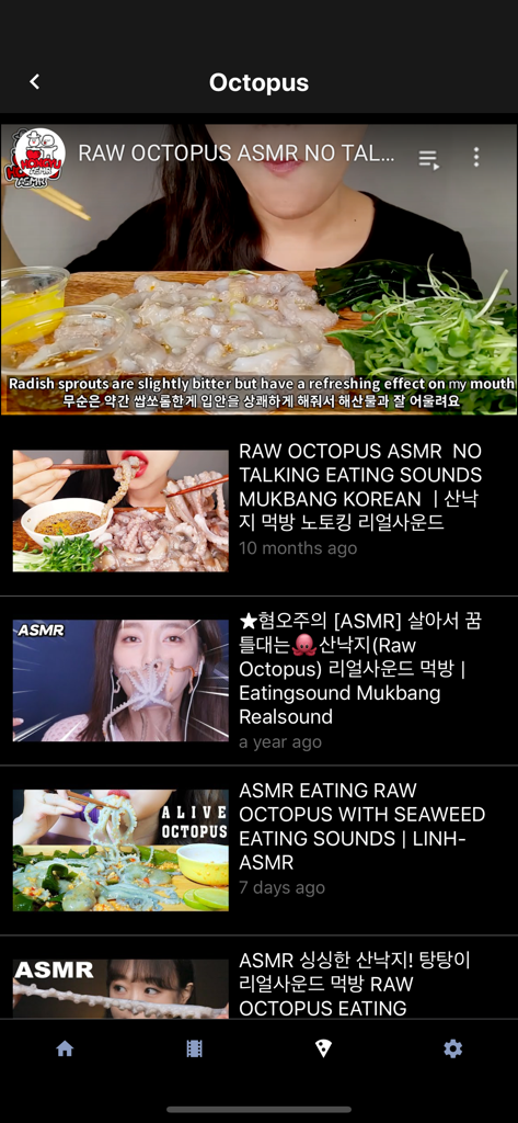 Una lista de videos de mukbang de pulpo crudo comiendo dentro de la aplicación ASMR Sound