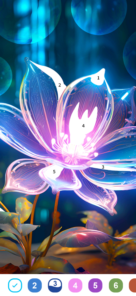 Eine leuchtende Lotusblume in einer digitalen Malen-nach-Zahlen-Spieloberfläche