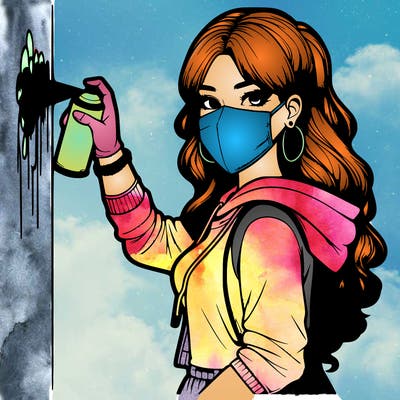 realistic girl with mask spray painting a wall