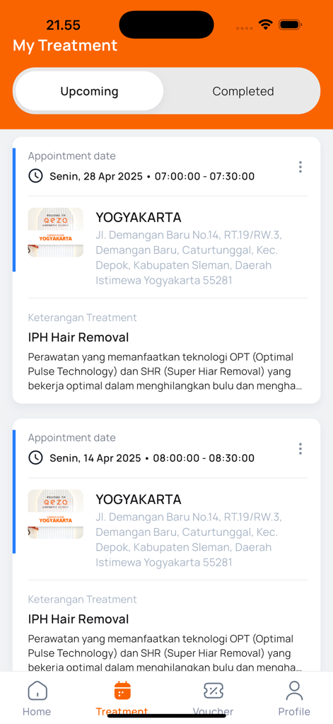 Qeza Care - La pantalla Mis Tratamientos de la aplicación Qeza Care que muestra próximas citas en clínicas de estética para tratamientos de depilación