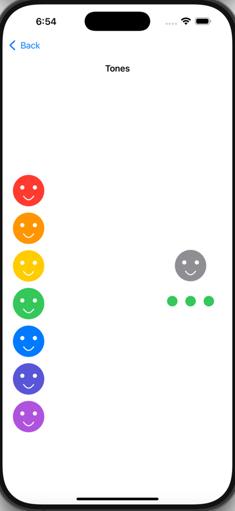 Piano Play - the easy way - Tela do Desafio de Correspondência de Tons no aplicativo Piano Play com ícones de rostos sorridentes coloridos para treinamento auditivo.