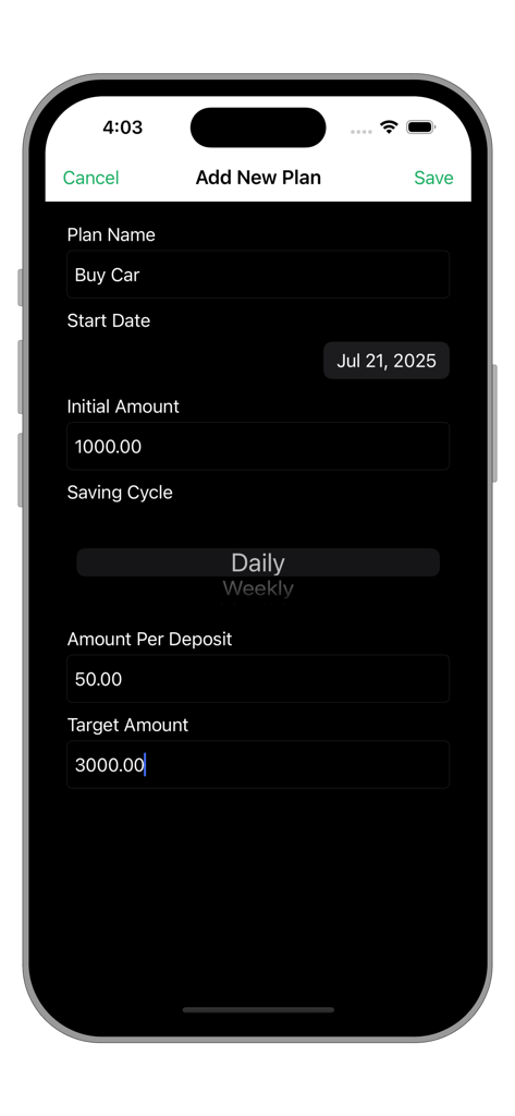 Mobile app interface for creating a new savings goal with fields for plan name start date target amount and deposit frequency