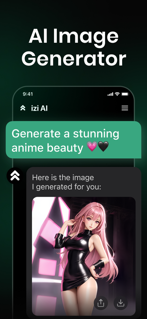 AI Chat Bot Assistant - izi - izi AI chatbot generating an anime character image from a text prompt