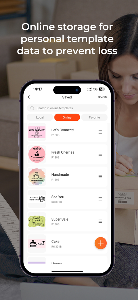 Munbyn Print - Munbyn Print mobile app screen showing a list of saved custom label templates with cloud storage for small businesses.