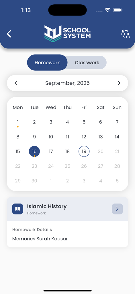 IU School System - IU School System app interface showing a monthly calendar for homework and classwork management.