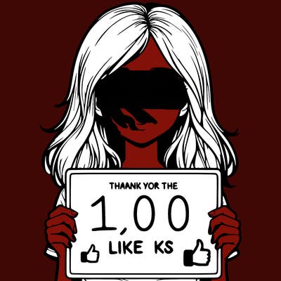 a realistic girl holding a sign thank you for the 100 likes